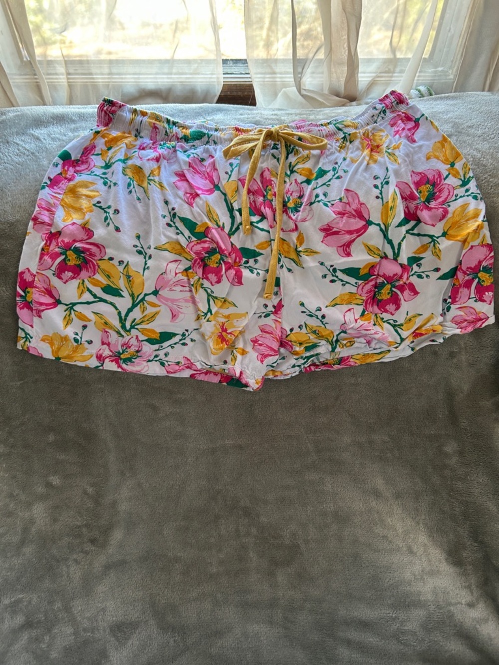 Serra Floral Drawstring Shorts — Pink, Yellow & Green on White